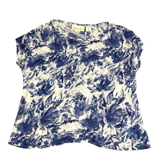 Cynthia Rowley 100% Linen Blue White Floral Cap Sleeves Top Women's Size Small - Picture 1 of 7